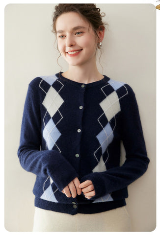 Women's Crew Neck Argyle Knit Top Vintage Style Cashmere Cardigan Sweater