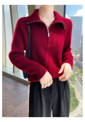 Women's Soft Ribbed Luxury Knit Zip Collar Cashmere Wool Pullover Sweater