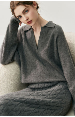 Women's Cashmere Blend Relaxed Knit Pullover Polo Collar Sweater