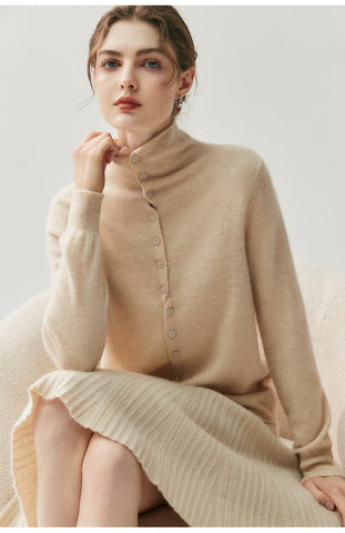Women's Mock Neck Cashmere Ribbed Cuffs Button Front Sweater Cardigan