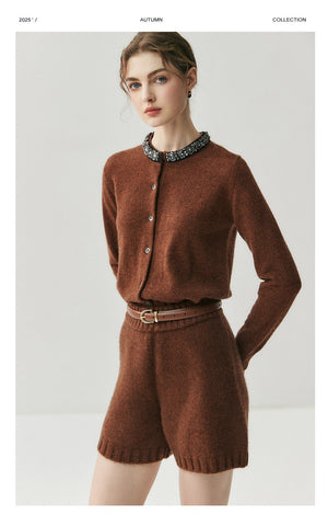 Elegant Jewel Neck Button Front Embellished Collar Cashmere Sweater Cardigan