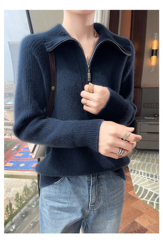 Women's Soft Ribbed Luxury Knit Zip Collar Cashmere Wool Pullover Sweater
