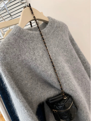 Women's Relaxed Crew Neck Knit Pullover Cashmere Wool Sweater