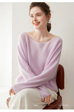 Elegant Relaxed Fit Knit Pullover Women's Cashmere Wool Boat Neck Sweater