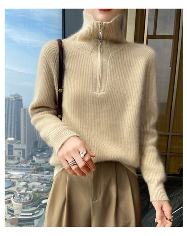 Women's Soft Ribbed Luxury Knit Zip Collar Cashmere Wool Pullover Sweater