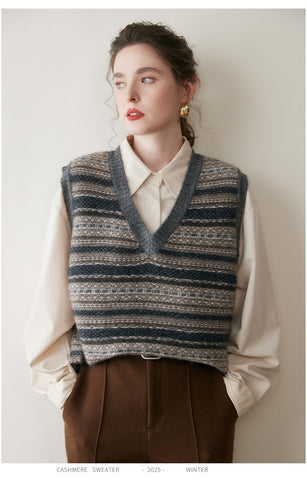 Casual Women's Cashmere Striped V-Neck Wool Knit Sweater Vest