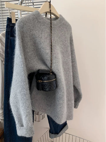 Women's Relaxed Crew Neck Knit Pullover Cashmere Wool Sweater