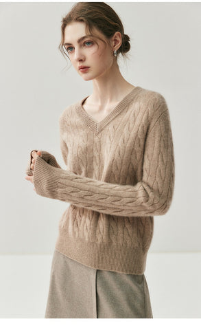 V-Neck Soft Relaxed Fit Pullover Jumper Cable Knit Cashmere Sweater