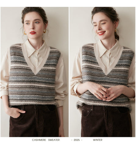 Casual Women's Cashmere Striped V-Neck Wool Knit Sweater Vest