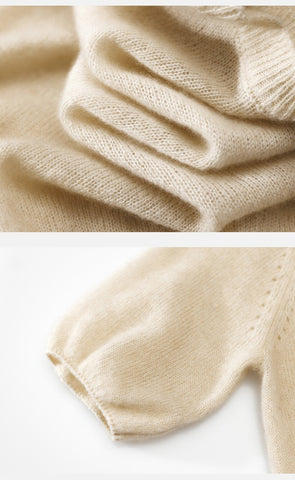 Women's  Crew Neck Cashmere Silk Puff Sleeve Knit Sweater