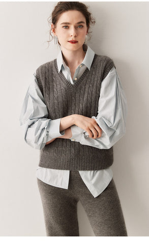 Classic Cable-Knit Cashmere V-Neck Sweater Vest Sleeveless Top