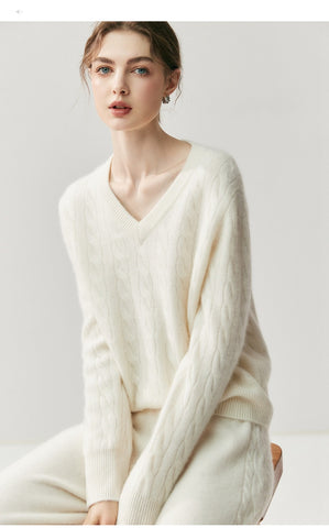 V-Neck Soft Relaxed Fit Pullover Jumper Cable Knit Cashmere Sweater