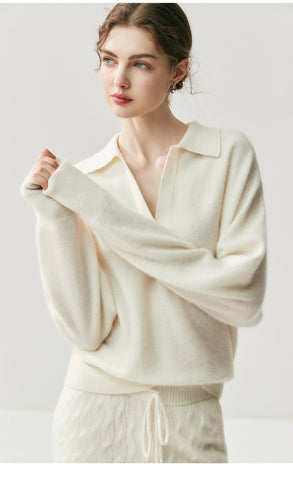 Women's Cashmere Blend Relaxed Knit Pullover Polo Collar Sweater
