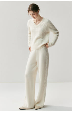 V-Neck Soft Relaxed Fit Pullover Jumper Cable Knit Cashmere Sweater