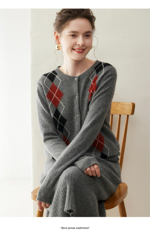 Women's Crew Neck Argyle Knit Top Vintage Style Cashmere Cardigan Sweater
