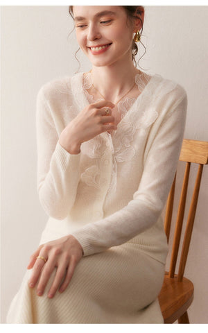 Soft V-Neck Button Front Knit Lace Trim Cashmere Wool Cardigan Sweater