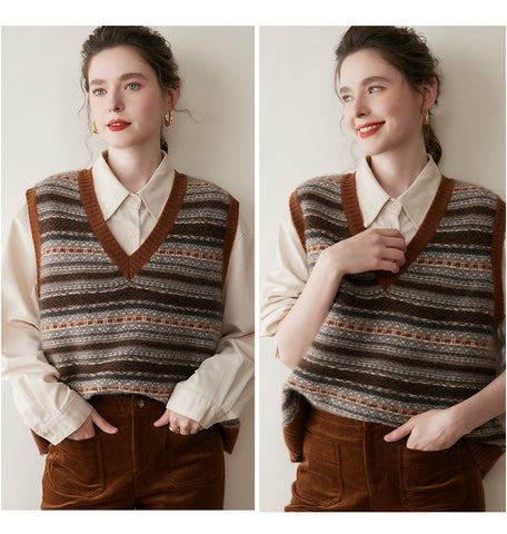 Casual Women's Cashmere Striped V-Neck Wool Knit Sweater Vest