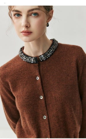 Elegant Jewel Neck Button Front Embellished Collar Cashmere Sweater Cardigan