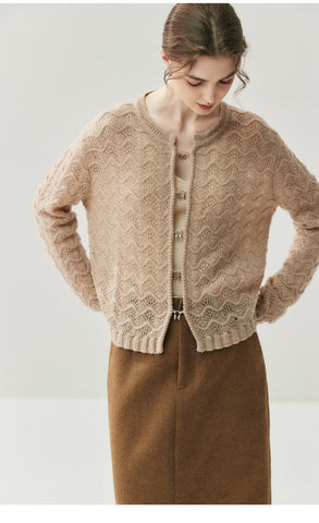 Lightweight Women's Openwork Knit Soft Cashmere Silk Sweater Cardigan