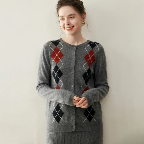 Women's Crew Neck Argyle Knit Top Vintage Style Cashmere Cardigan Sweater
