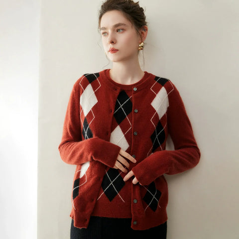 Women's Crew Neck Argyle Knit Top Vintage Style Cashmere Cardigan Sweater