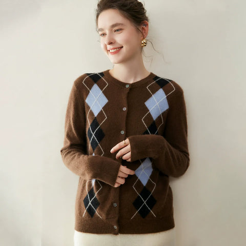 Women's Crew Neck Argyle Knit Top Vintage Style Cashmere Cardigan Sweater