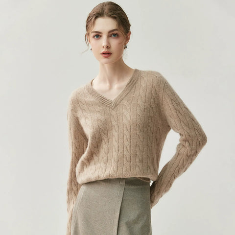 V-Neck Soft Relaxed Fit Pullover Jumper Cable Knit Cashmere Sweater