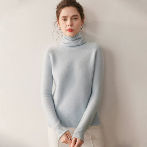 Soft Lightweight Raglan Sleeve Knit Pullover Cashmere Wool Turtleneck Sweater