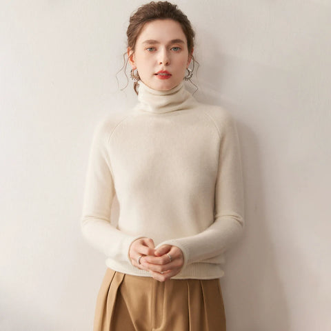 Soft Lightweight Raglan Sleeve Knit Pullover Cashmere Wool Turtleneck Sweater