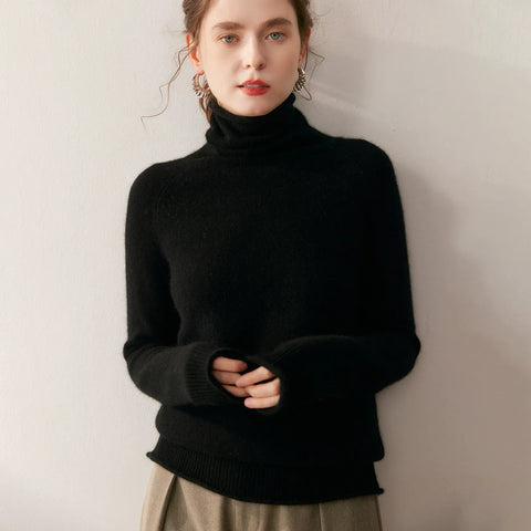 Soft Lightweight Raglan Sleeve Knit Pullover Cashmere Wool Turtleneck Sweater