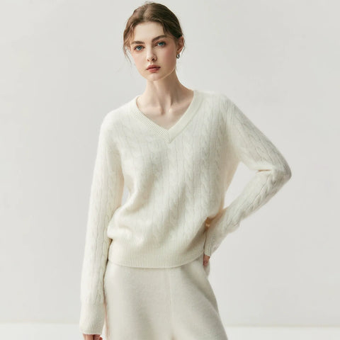 V-Neck Soft Relaxed Fit Pullover Jumper Cable Knit Cashmere Sweater