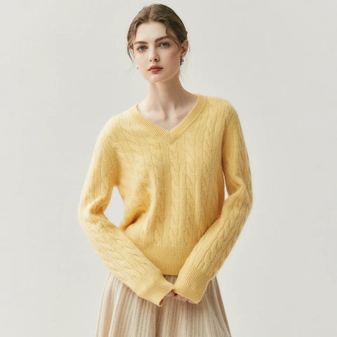 V-Neck Soft Relaxed Fit Pullover Jumper Cable Knit Cashmere Sweater
