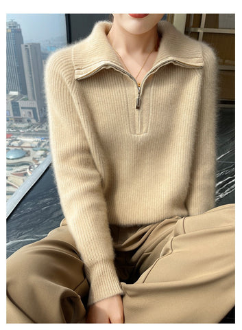 Women's Soft Ribbed Luxury Knit Zip Collar Cashmere Wool Pullover Sweater