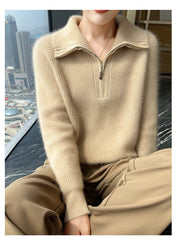 Women's Soft Ribbed Knit Zip Collar Cashmere Wool Pullover Sweater