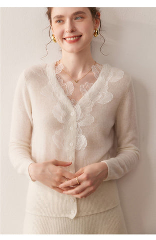 Soft V-Neck Button Front Knit Lace Trim Cashmere Wool Cardigan Sweater