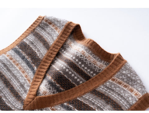 Casual Women's Cashmere Striped V-Neck Wool Knit Sweater Vest
