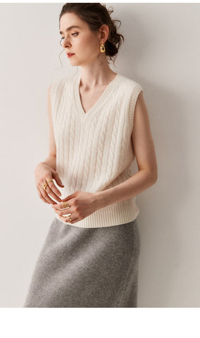 Classic Cable-Knit Cashmere V-Neck Sweater Vest Sleeveless Top