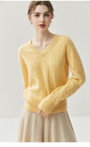 V-Neck Soft Relaxed Fit Pullover Jumper Cable Knit Cashmere Sweater