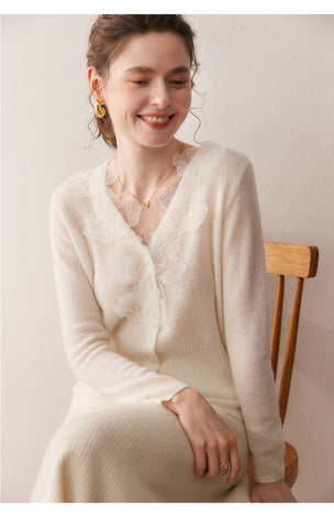 Soft V-Neck Button Front Knit Lace Trim Cashmere Wool Cardigan Sweater