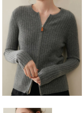 Women's Slim Fit Round Neck Knit Sweater Cashmere Blend Ribbed Zip Cardigan