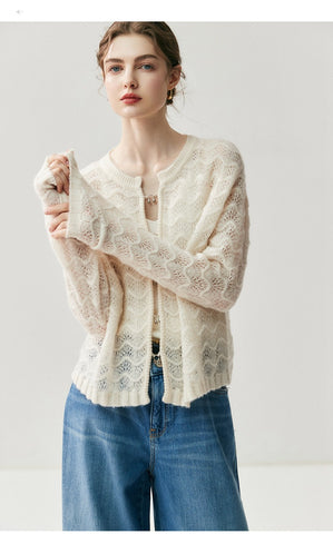 Lightweight Women's Openwork Knit Soft Cashmere Silk Sweater Cardigan