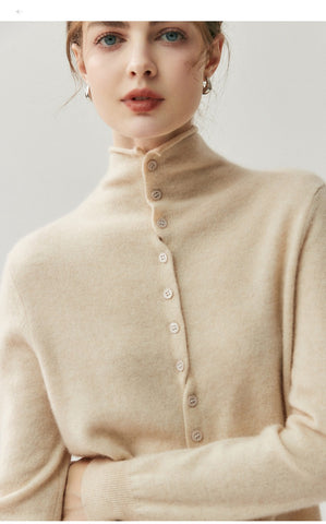 Women's Mock Neck Cashmere Ribbed Cuffs Button Front Sweater Cardigan