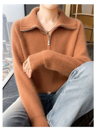 Women's Soft Ribbed Luxury Knit Zip Collar Cashmere Wool Pullover Sweater