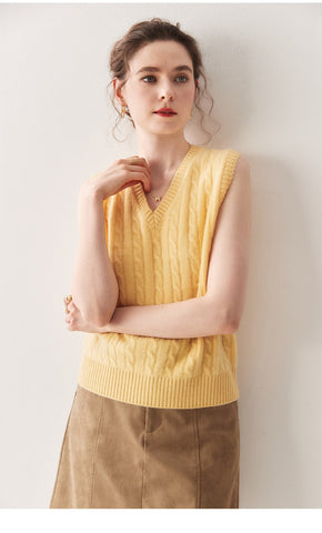 Classic Cable-Knit Cashmere V-Neck Sweater Vest Sleeveless Top
