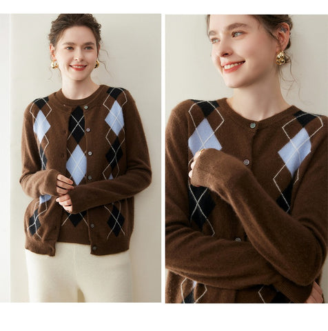 Women's Crew Neck Argyle Knit Top Vintage Style Cashmere Cardigan Sweater