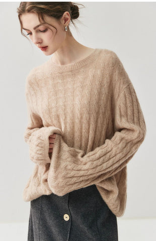 Luxury Cashmere Silk Cable Knit Oversized Crew Neck Pullover Sweater