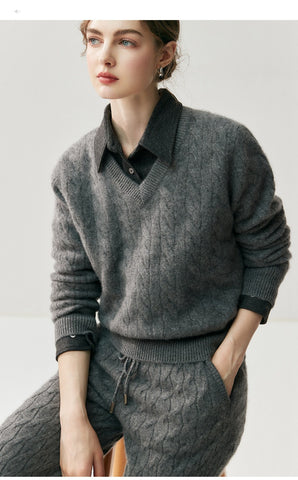 V-Neck Soft Relaxed Fit Pullover Jumper Cable Knit Cashmere Sweater