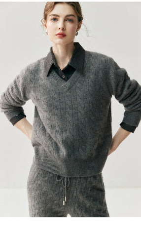 V-Neck Soft Relaxed Fit Pullover Jumper Cable Knit Cashmere Sweater