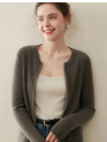 Women's Slim Fit Round Neck Knit Sweater Cashmere Blend Ribbed Zip Cardigan