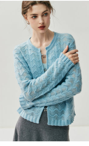 Lightweight Women's Openwork Knit Soft Cashmere Silk Sweater Cardigan